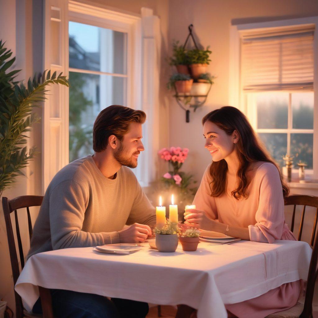 A cozy, inviting scene featuring a couple sharing a heartfelt moment over a candlelit dinner, surrounded by soft pastel colors. Include elements that symbolize growth, like small potted plants or blossoming flowers, showcasing intimacy and connection. Emphasize warmth and tenderness in their expressions, with a comfortable ambiance highlighting the theme of nurturing relationships. painting. warm colors. soft focus.