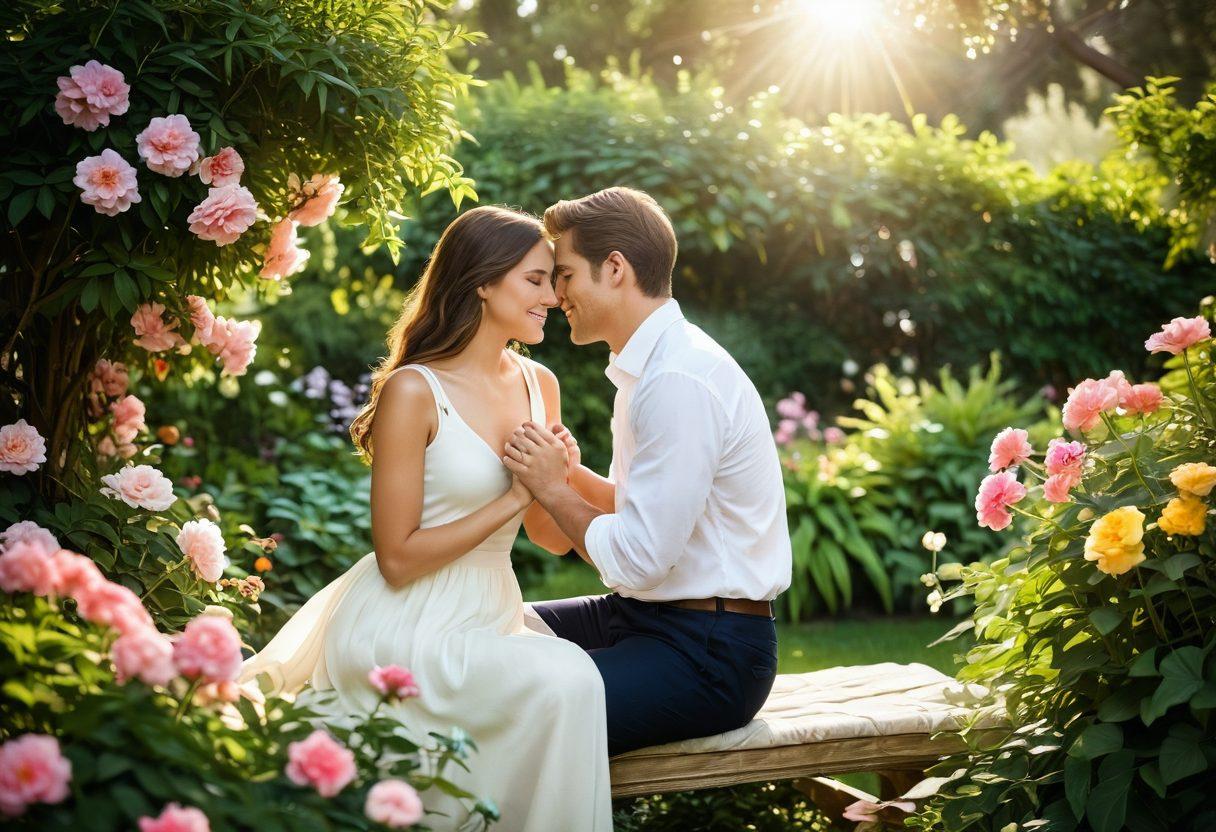 A warm and inviting scene of a couple sharing a heartfelt moment in a lush garden, surrounded by blooming flowers symbolizing love and growth. Soft sunlight filters through the leaves, creating a romantic atmosphere. Include subtle hints of nurturing elements like nurturing hands and hearts in the background. super-realistic. vibrant colors. soft focus.