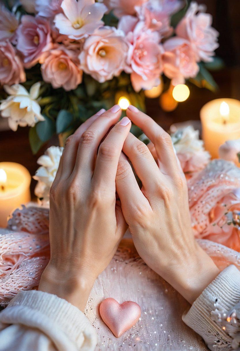 A warm, intimate scene of two hands intertwined, surrounded by soft, glowing hearts in pastel colors. In the background, a cozy setting with soft lighting and gentle flowers, symbolizing tenderness and passion. The couple is depicted with soft smiles, reinforcing connection and love. Include whispers of sunset hues to enhance warmth. super-realistic. vibrant colors. soft focus.